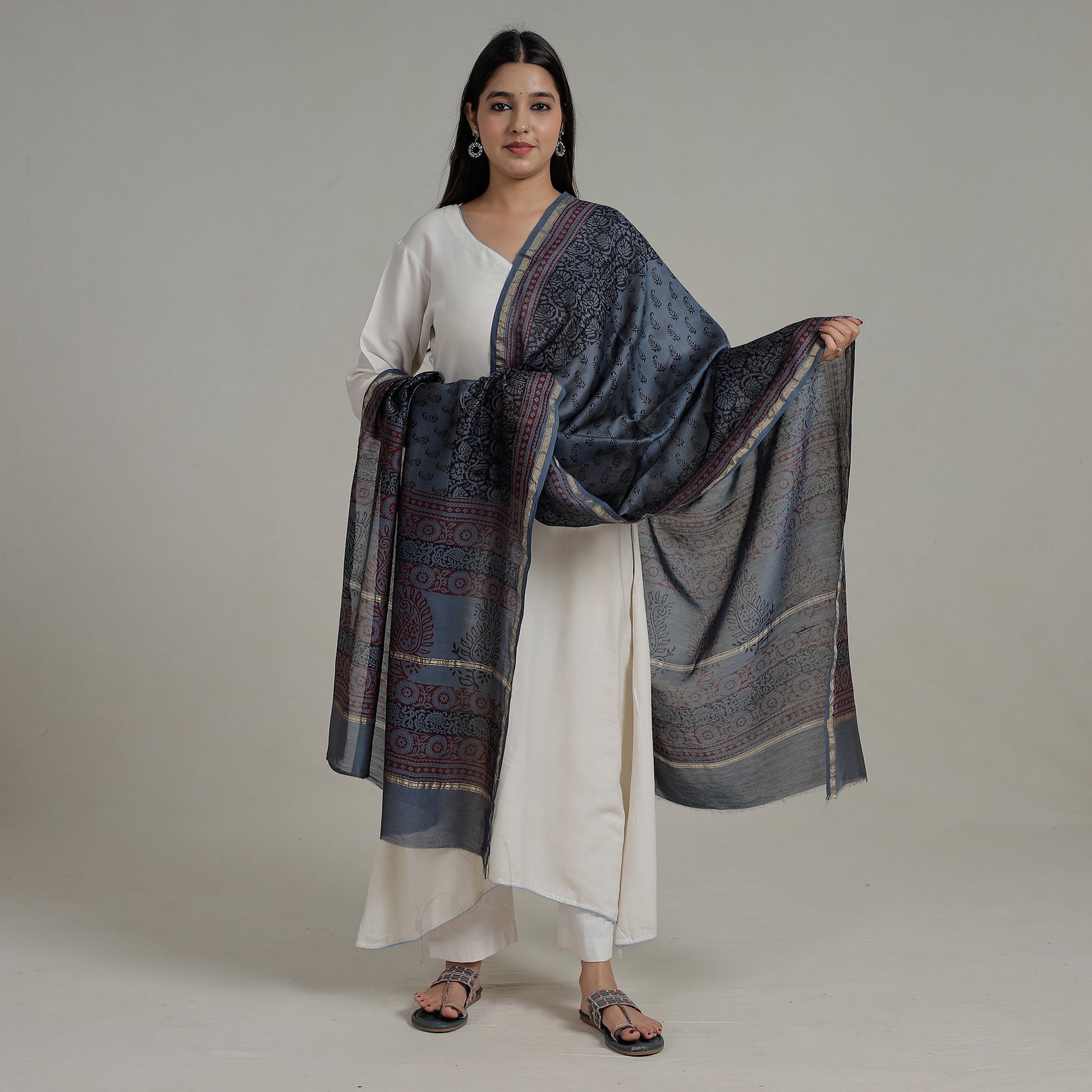 Blue - Block Printed Chanderi Silk Bagh Dupatta 35