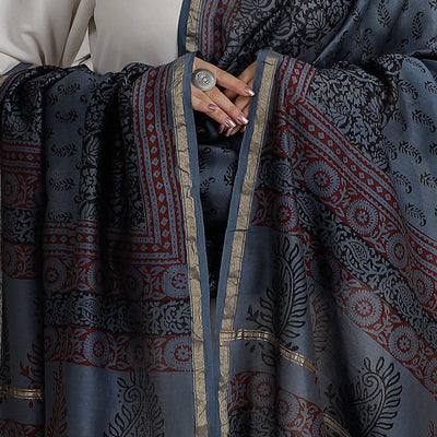 Blue - Block Printed Chanderi Silk Bagh Dupatta 35