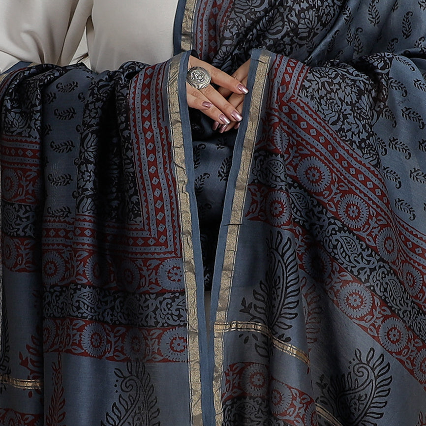 Blue - Block Printed Chanderi Silk Bagh Dupatta 35