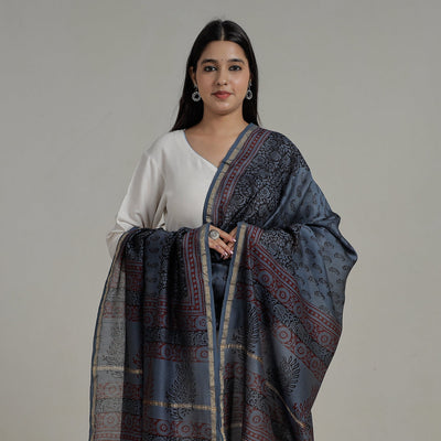 Blue - Block Printed Chanderi Silk Bagh Dupatta 35