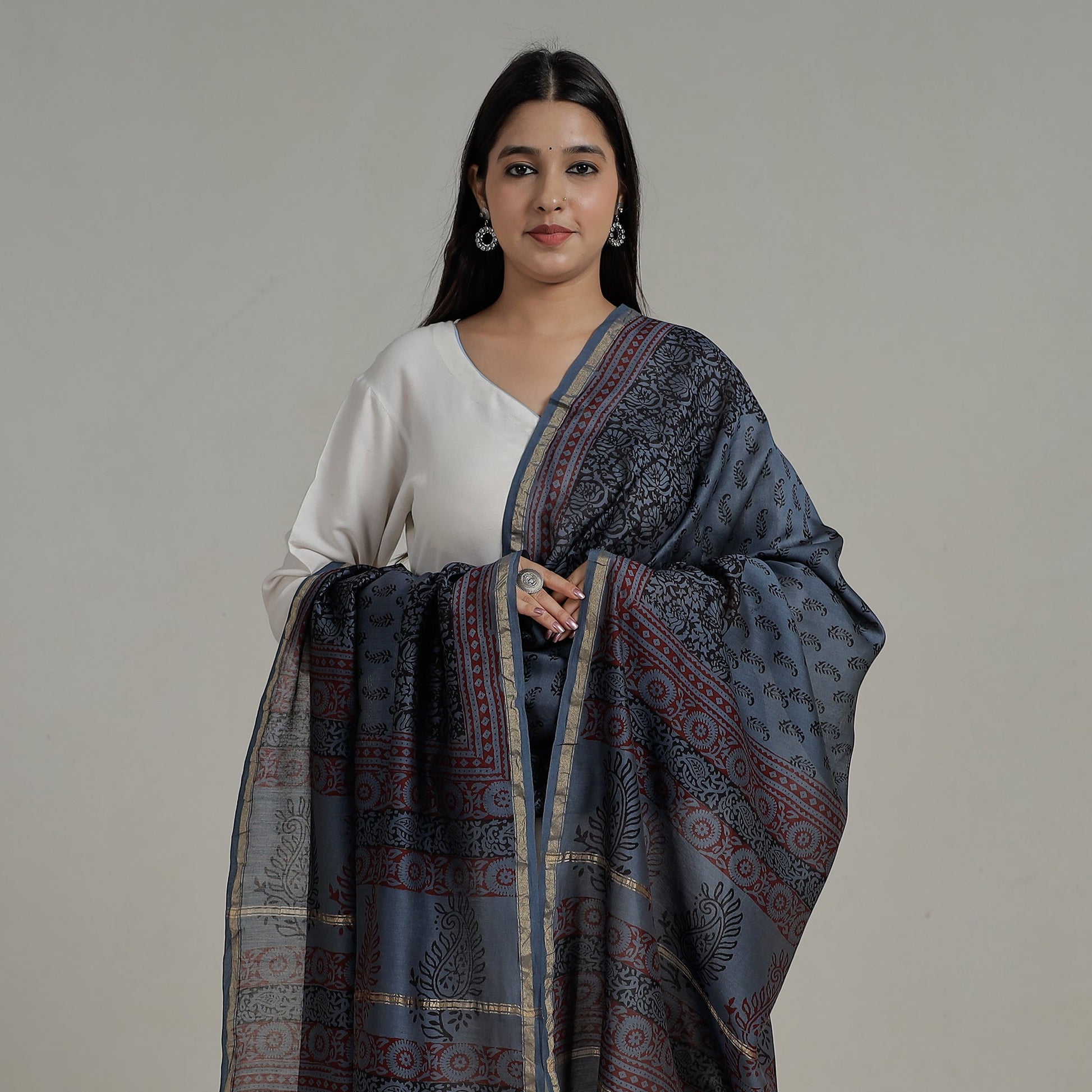 Blue - Block Printed Chanderi Silk Bagh Dupatta 35