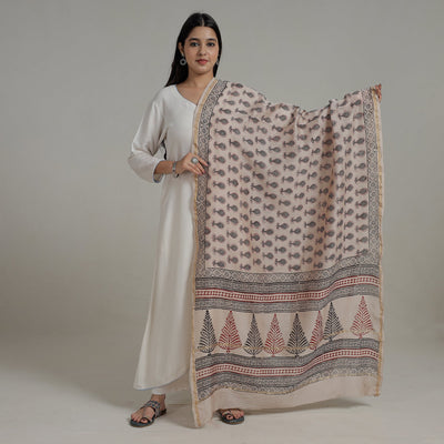 Beige - Block Printed Chanderi Silk Bagh Dupatta 36