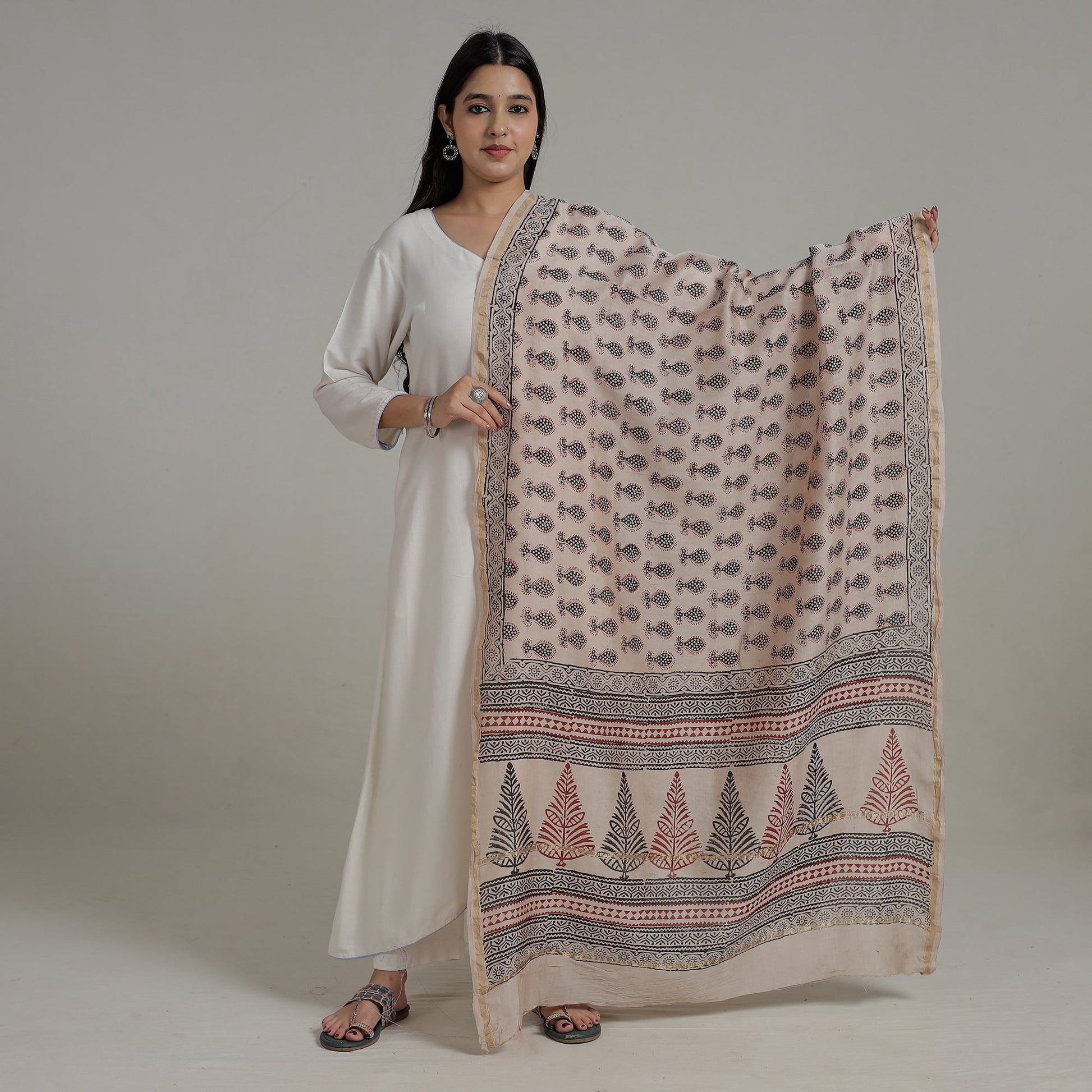 Beige - Block Printed Chanderi Silk Bagh Dupatta 36