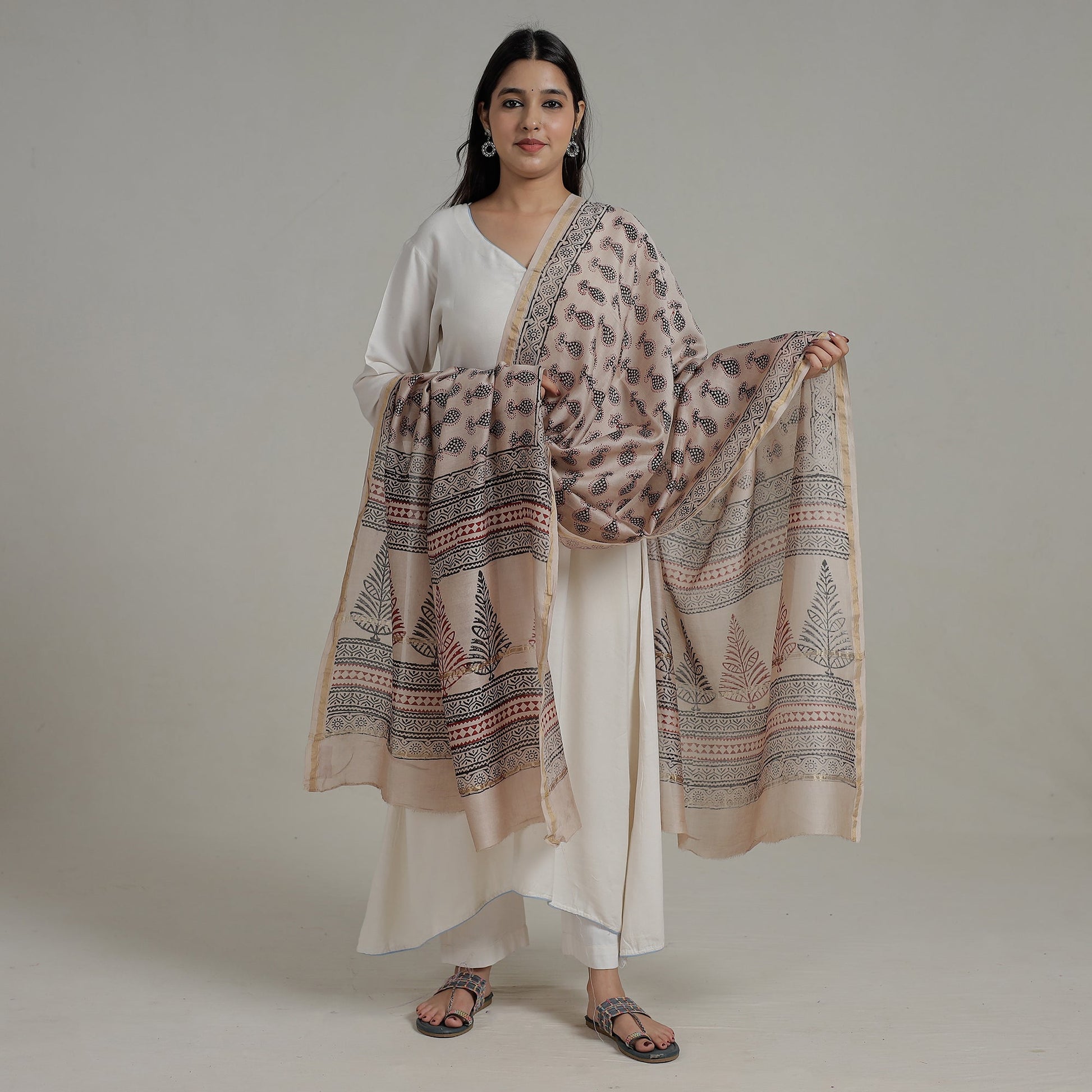 Beige - Block Printed Chanderi Silk Bagh Dupatta 36
