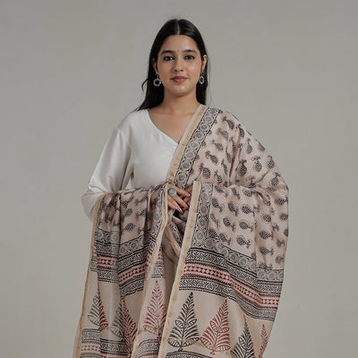 Beige - Block Printed Chanderi Silk Bagh Dupatta 36