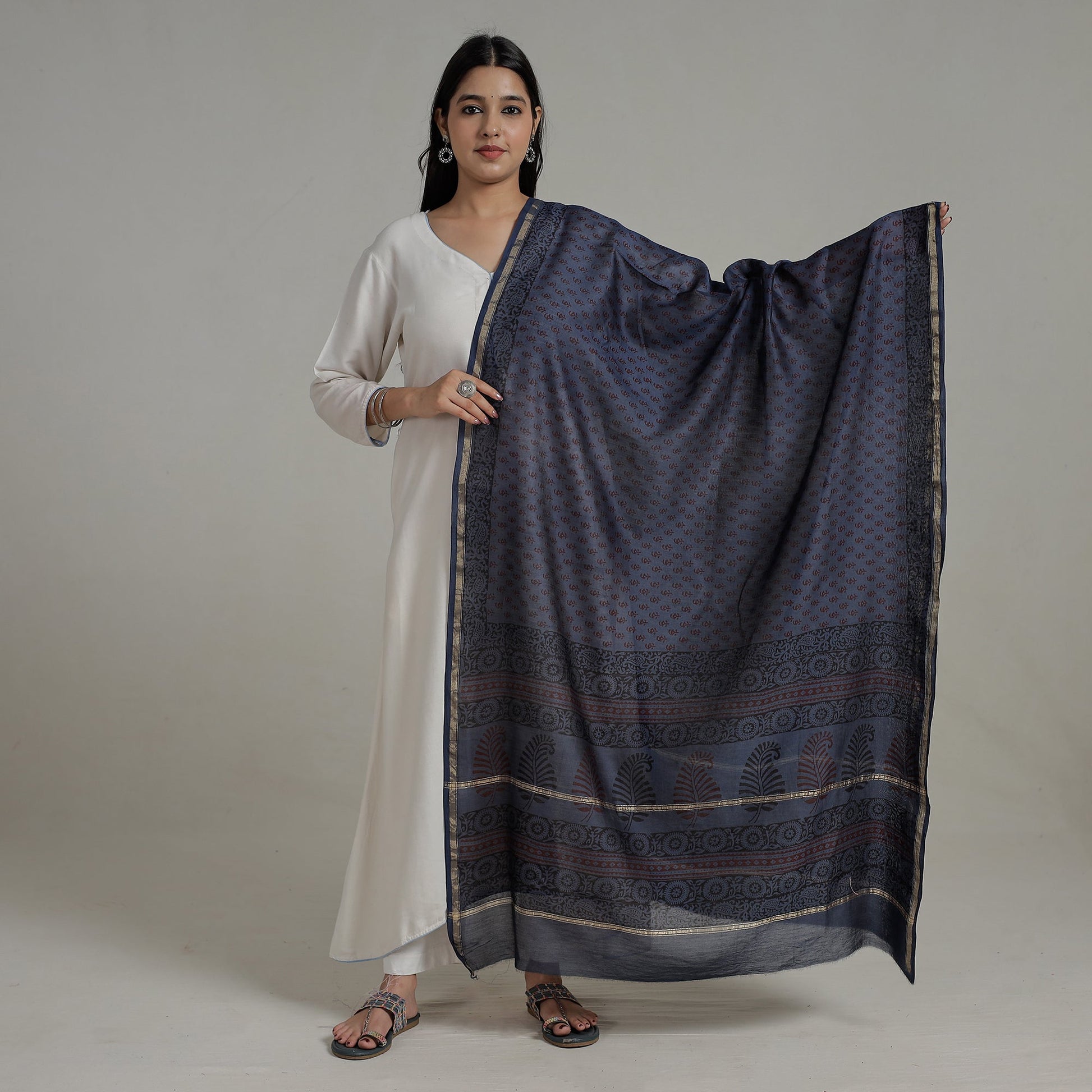 Blue - Block Printed Chanderi Silk Bagh Dupatta 37