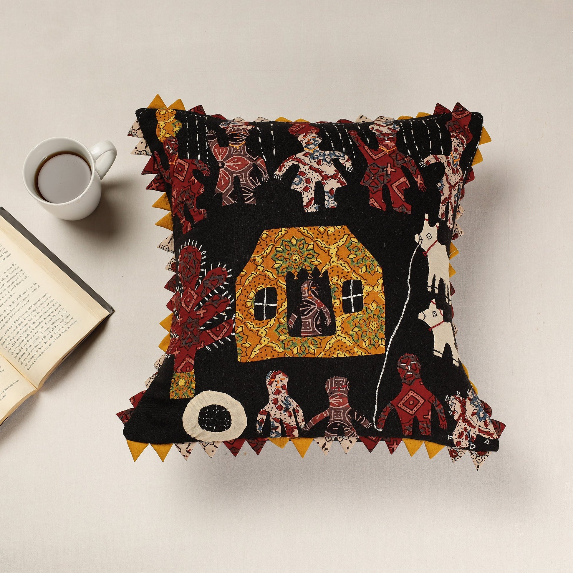 Black - Kala Raksha Applique Cutwork Cotton Cushion Cover (16 x 16 in)