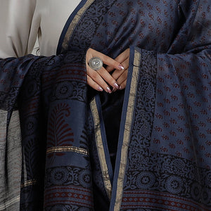 Blue - Block Printed Chanderi Silk Bagh Dupatta 37