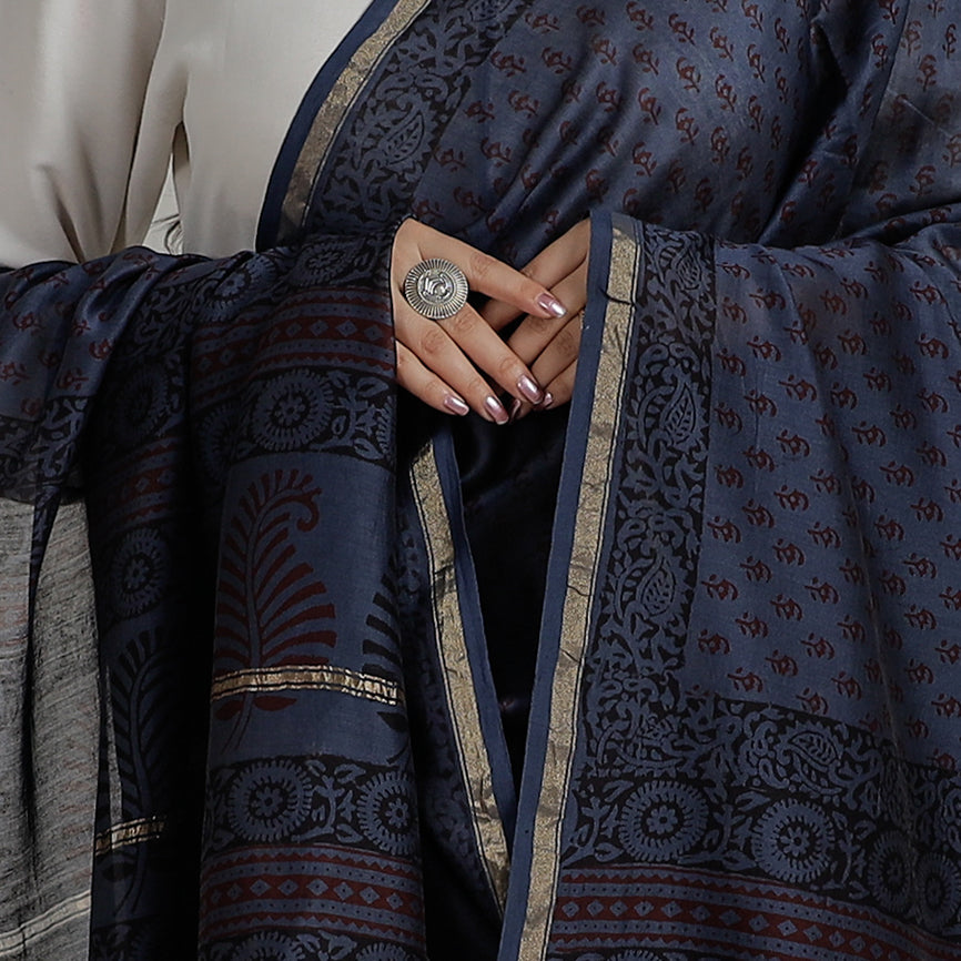 Blue - Block Printed Chanderi Silk Bagh Dupatta 37