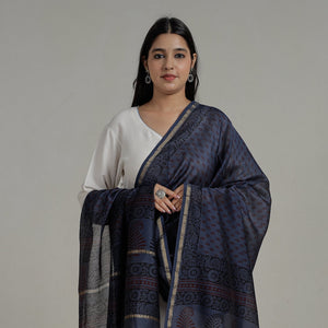 Blue - Block Printed Chanderi Silk Bagh Dupatta 37