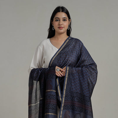 Blue - Block Printed Chanderi Silk Bagh Dupatta 37
