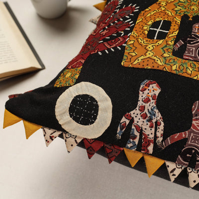 Black - Kala Raksha Applique Cutwork Cotton Cushion Cover (16 x 16 in)