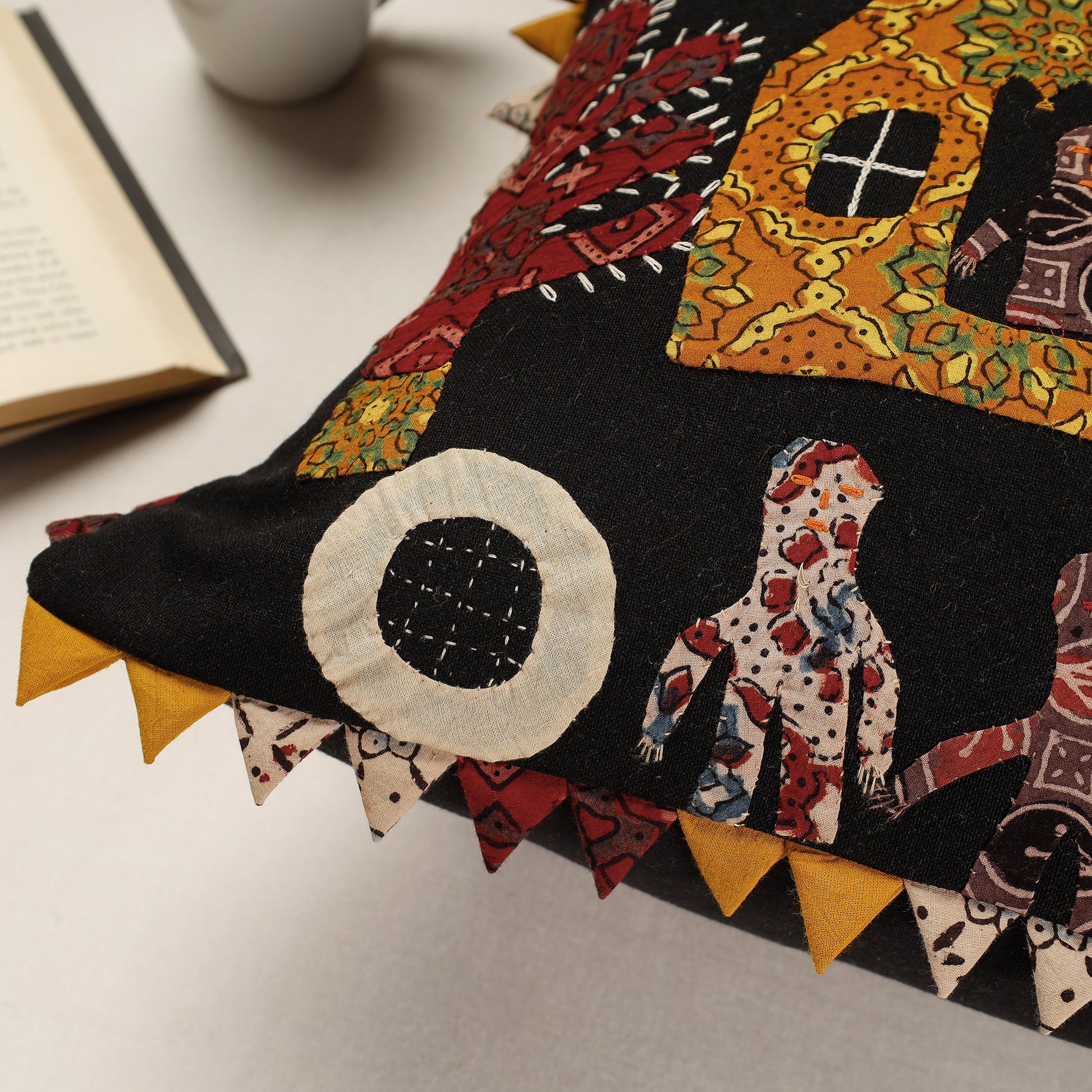 Black - Kala Raksha Applique Cutwork Cotton Cushion Cover (16 x 16 in)