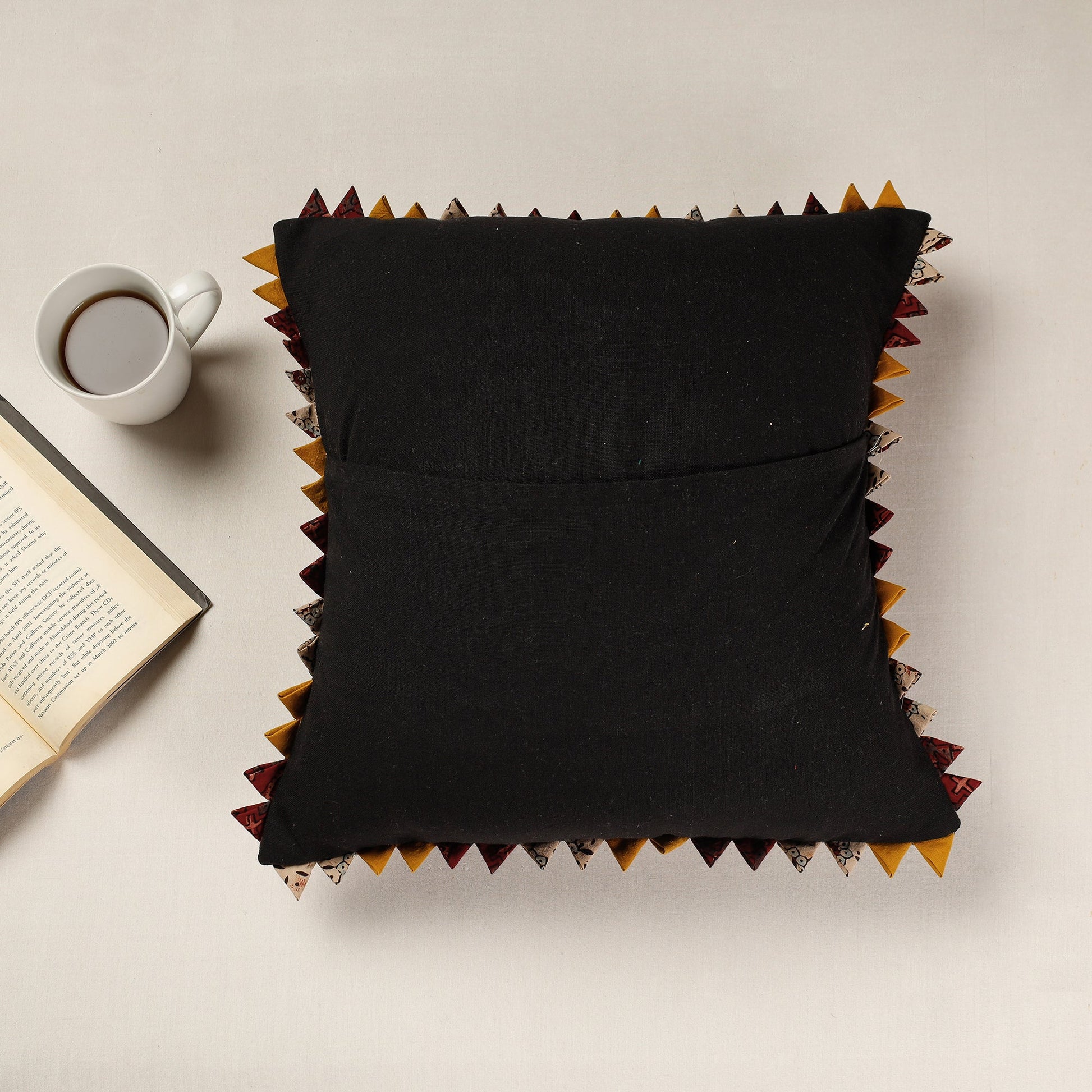 Black - Kala Raksha Applique Cutwork Cotton Cushion Cover (16 x 16 in)
