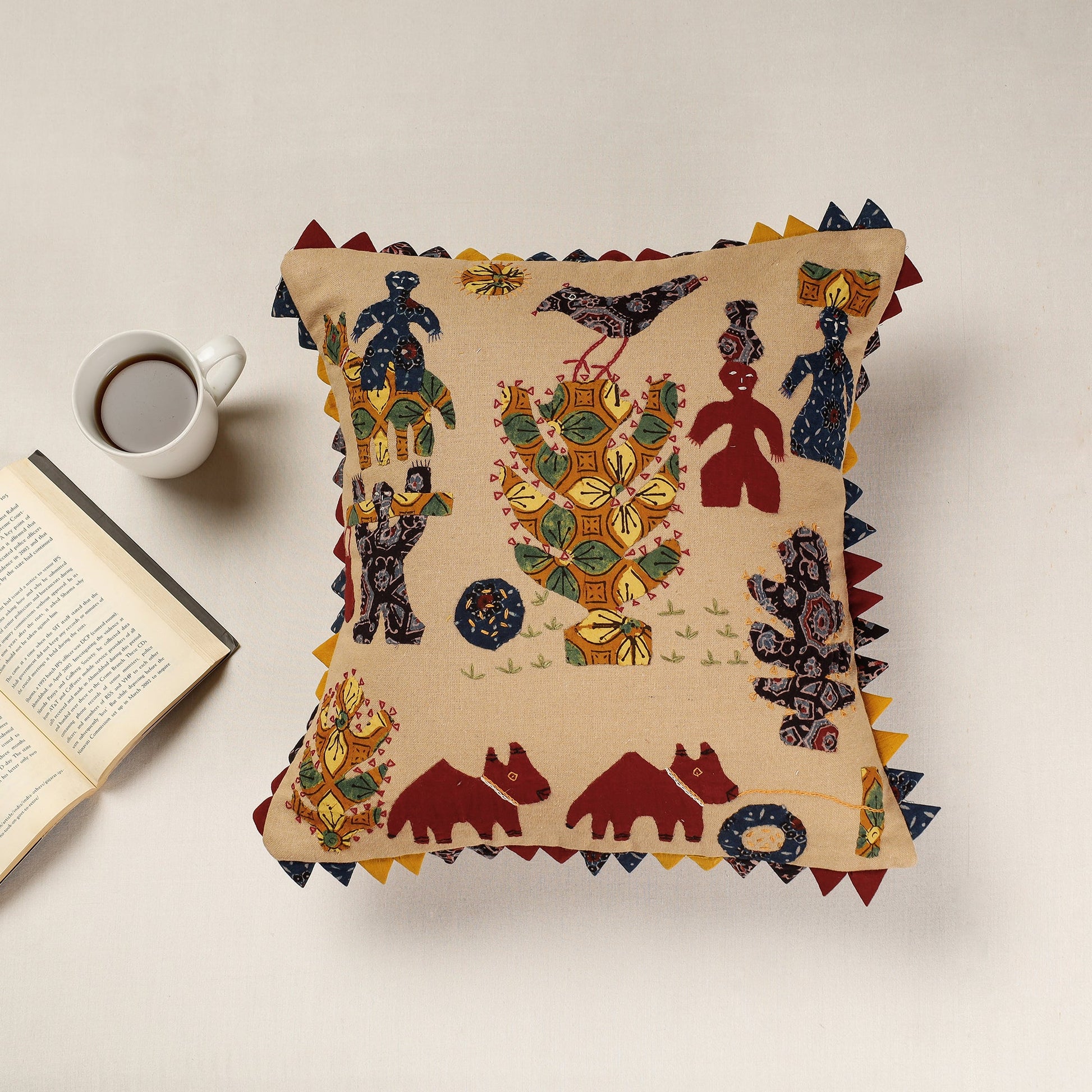 Beige - Kala Raksha Applique Cutwork Cotton Cushion Cover (16 x 16 in)