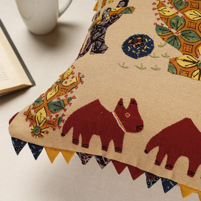 Beige - Kala Raksha Applique Cutwork Cotton Cushion Cover (16 x 16 in)
