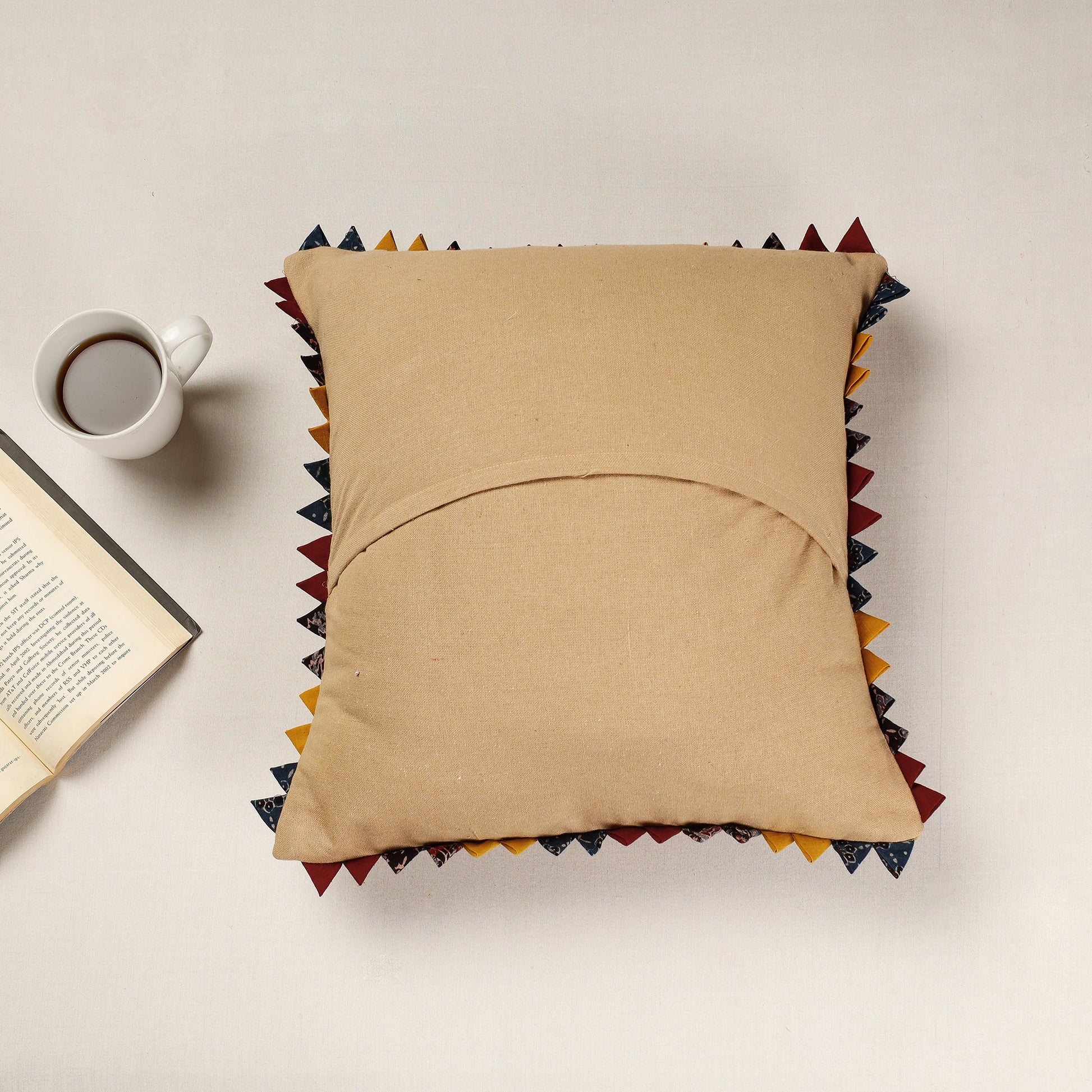 Beige - Kala Raksha Applique Cutwork Cotton Cushion Cover (16 x 16 in)