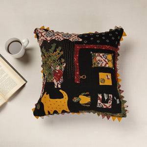 Black - Kala Raksha Applique Cutwork Cotton Cushion Cover (16 x 16 in)