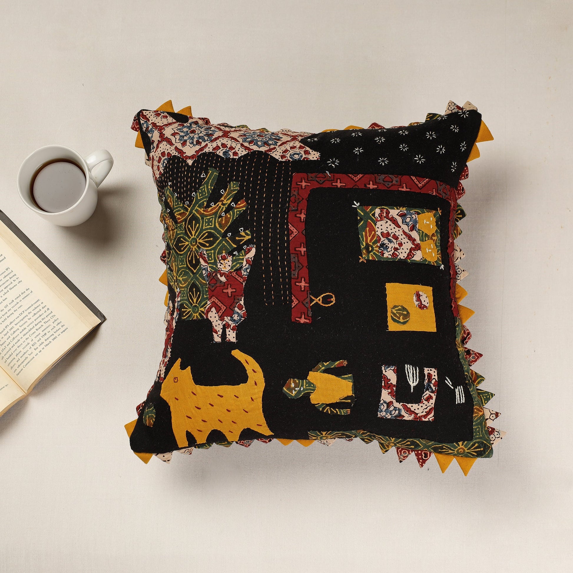 Black - Kala Raksha Applique Cutwork Cotton Cushion Cover (16 x 16 in)