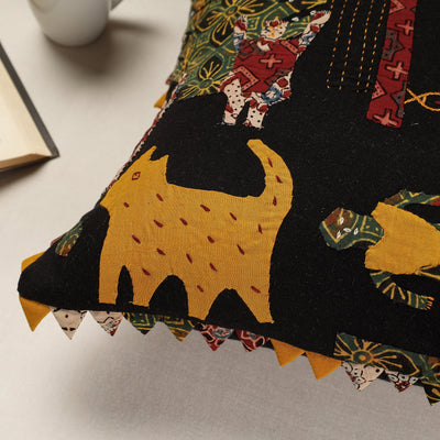 Black - Kala Raksha Applique Cutwork Cotton Cushion Cover (16 x 16 in)