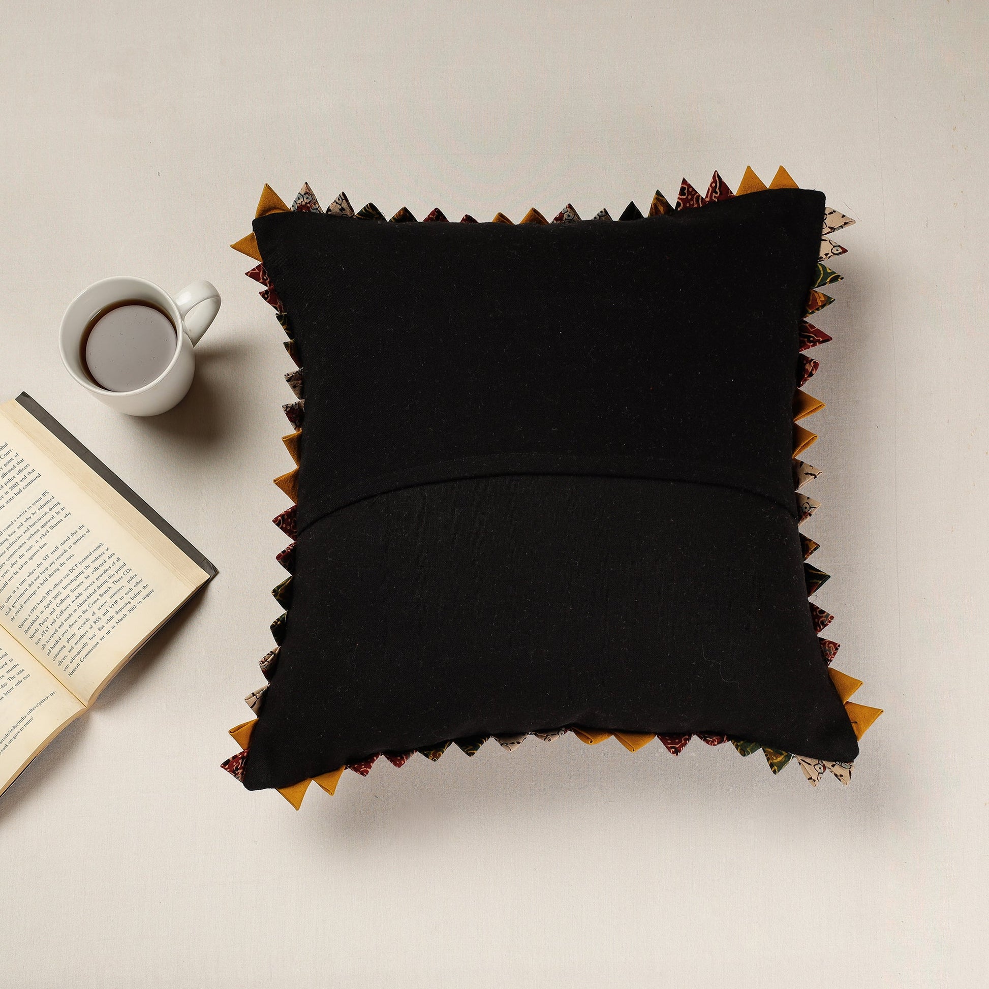 Black - Kala Raksha Applique Cutwork Cotton Cushion Cover (16 x 16 in)