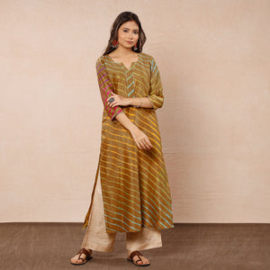 Brown - Leheriya Tie-Dye Chanderi Silk Long Straight Kurta