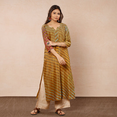 Brown - Leheriya Tie-Dye Chanderi Silk Long Straight Kurta