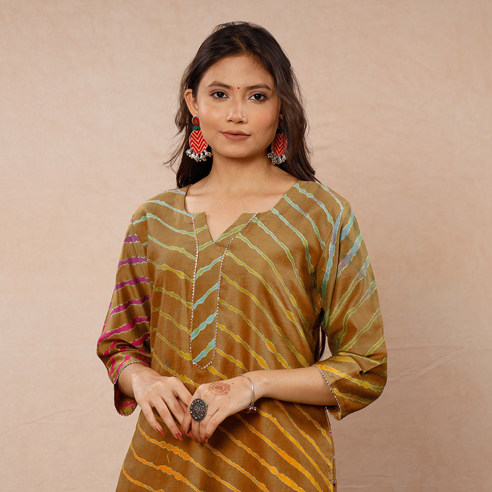 Brown - Leheriya Tie-Dye Chanderi Silk Long Straight Kurta