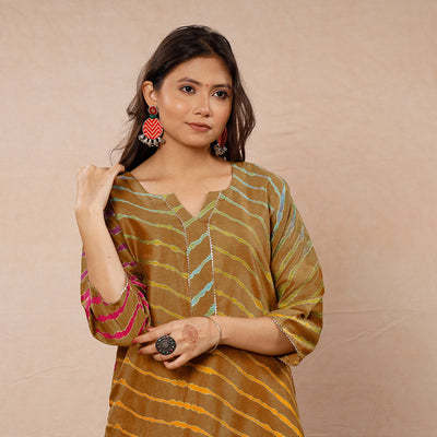 Brown - Leheriya Tie-Dye Chanderi Silk Long Straight Kurta