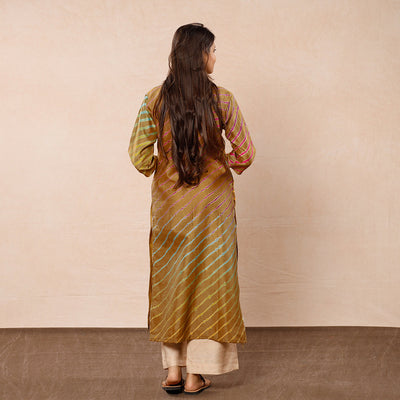 Brown - Leheriya Tie-Dye Chanderi Silk Long Straight Kurta