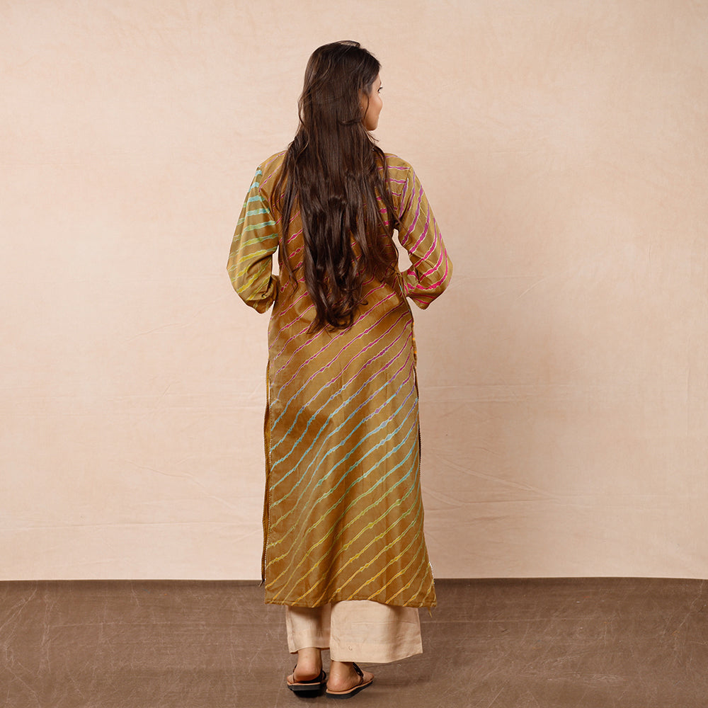 Brown - Leheriya Tie-Dye Chanderi Silk Long Straight Kurta