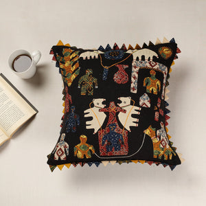Black - Kala Raksha Applique Cutwork Cotton Cushion Cover (16 x 16 in)