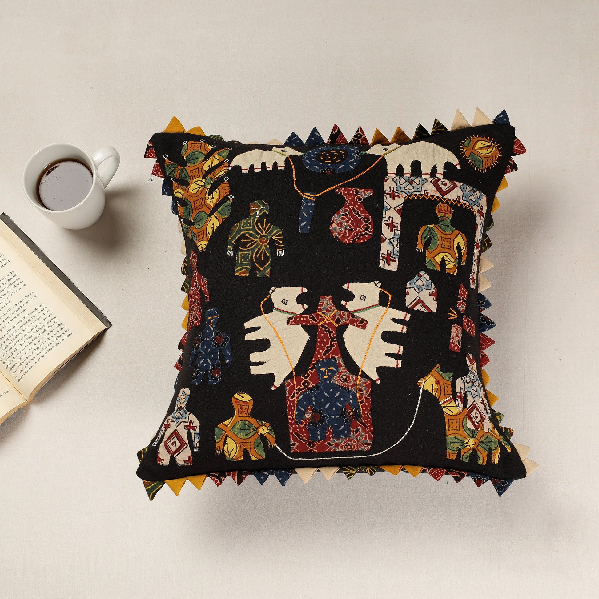 Black - Kala Raksha Applique Cutwork Cotton Cushion Cover (16 x 16 in)