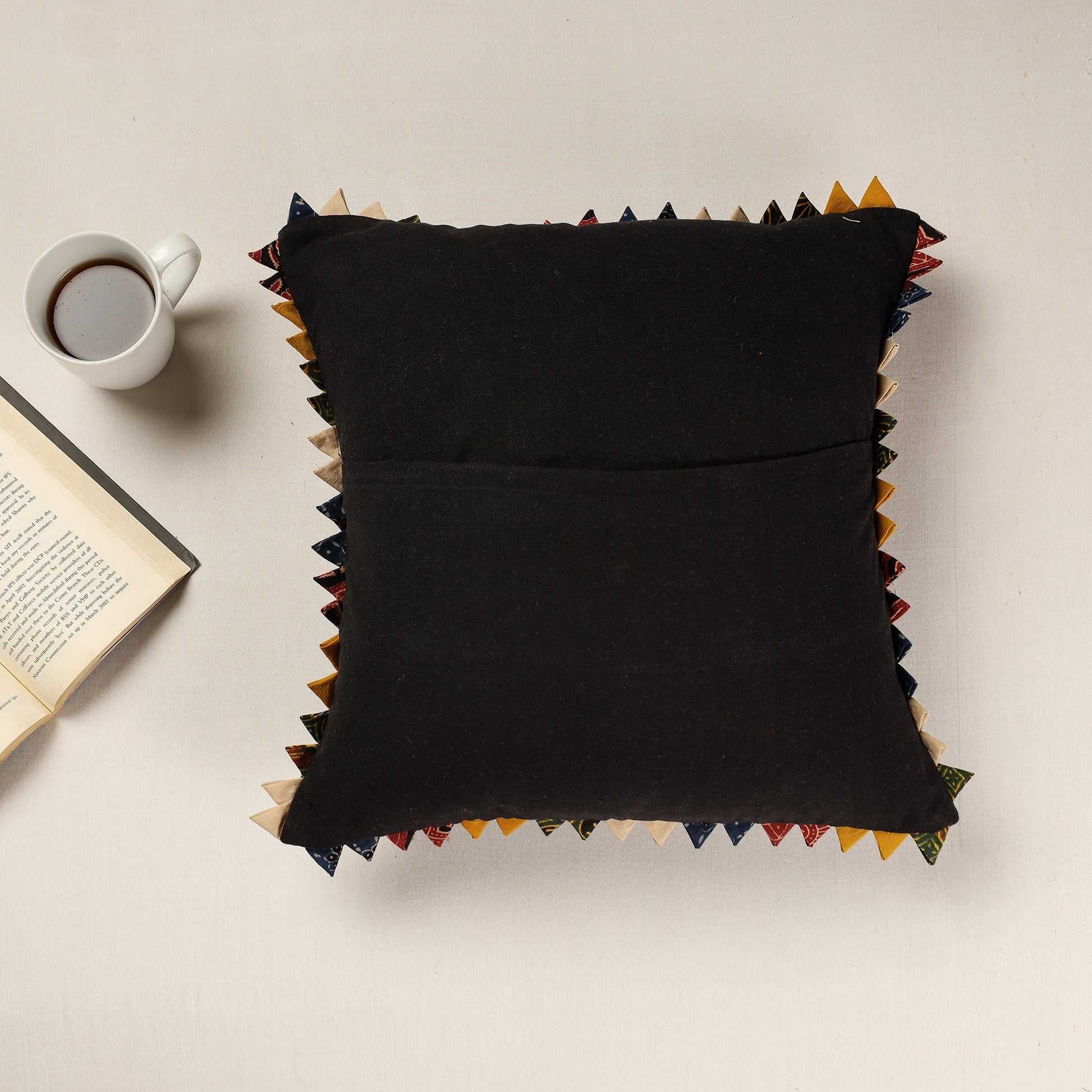 Black - Kala Raksha Applique Cutwork Cotton Cushion Cover (16 x 16 in)