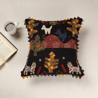 Black - Kala Raksha Applique Cutwork Cotton Cushion Cover (16 x 16 in)