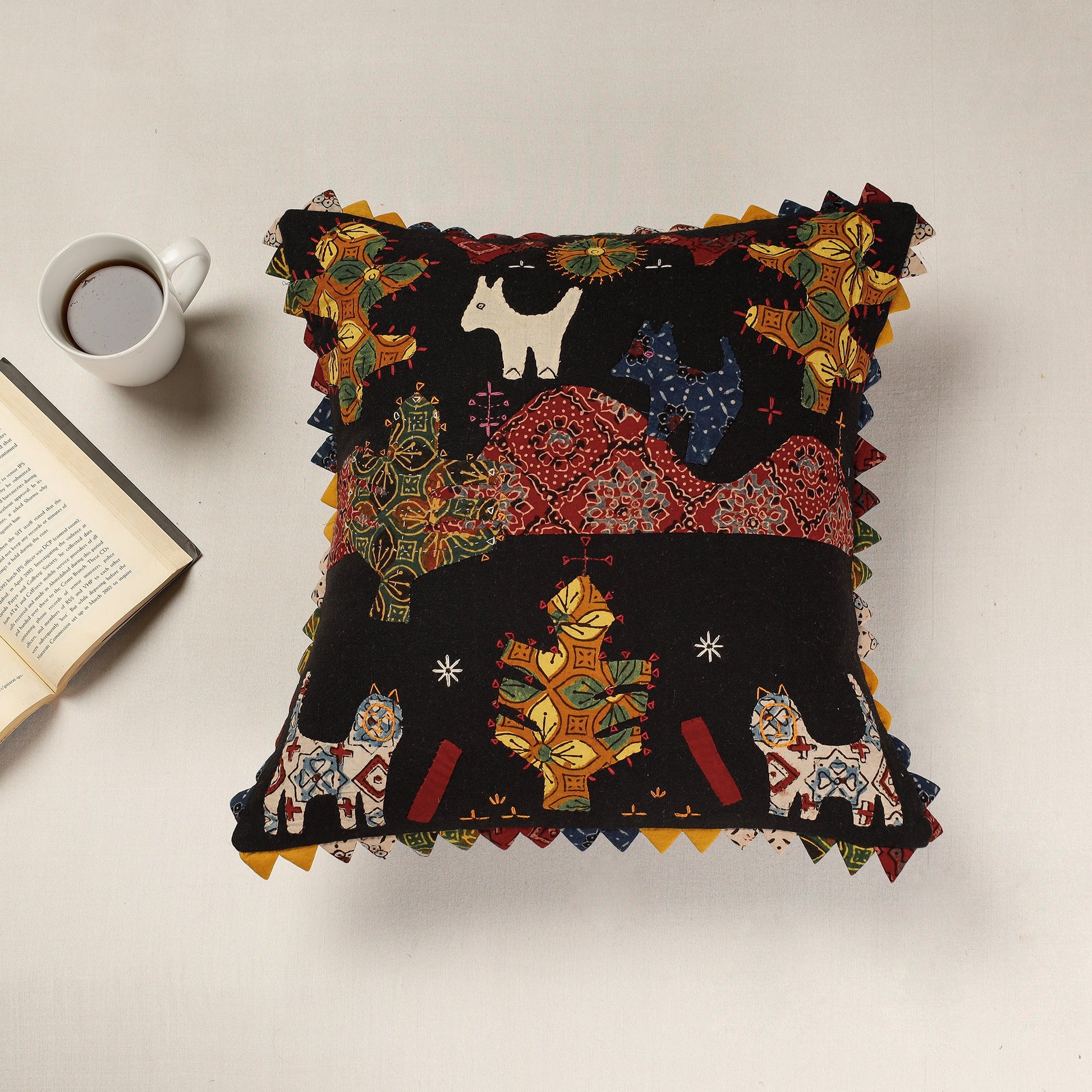 Black - Kala Raksha Applique Cutwork Cotton Cushion Cover (16 x 16 in)