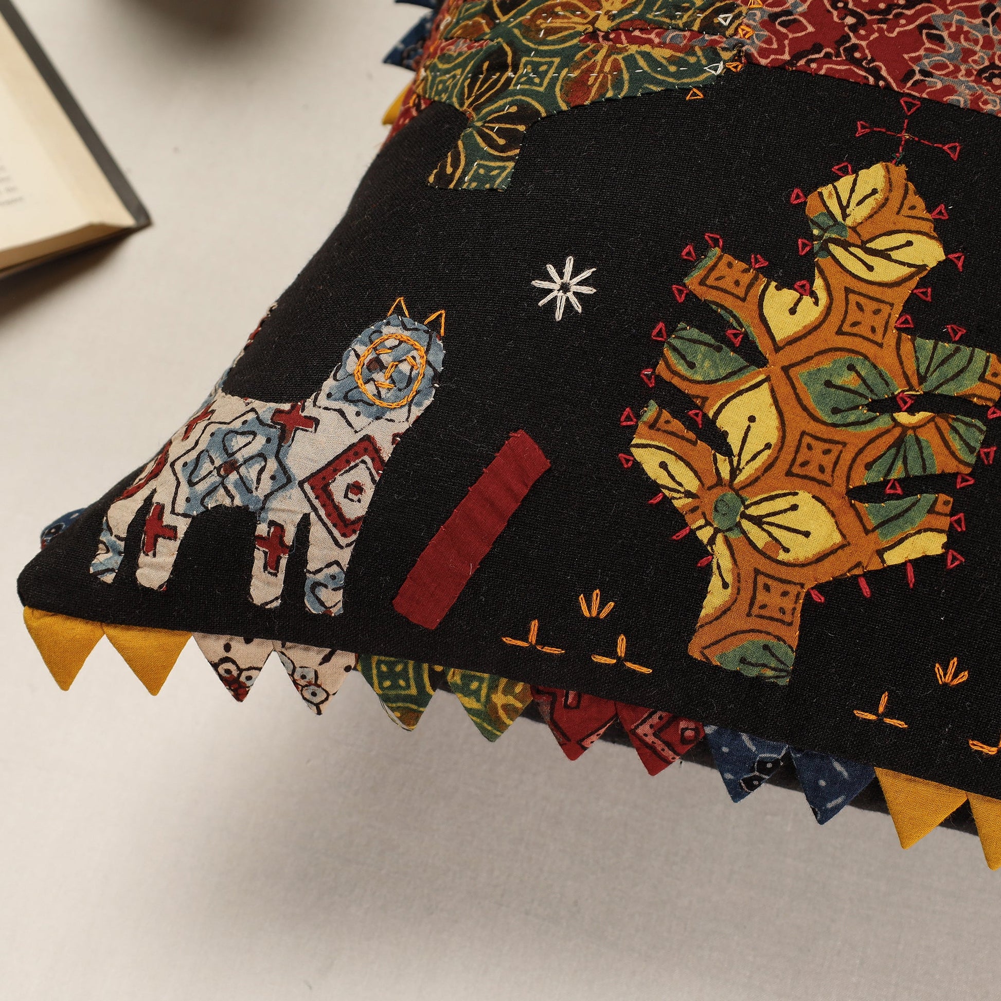 Black - Kala Raksha Applique Cutwork Cotton Cushion Cover (16 x 16 in)