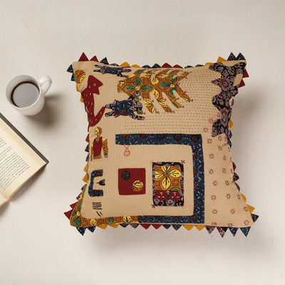 Beige - Kala Raksha Applique Cutwork Cotton Cushion Cover (16 x 16 in)