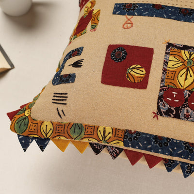 Beige - Kala Raksha Applique Cutwork Cotton Cushion Cover (16 x 16 in)
