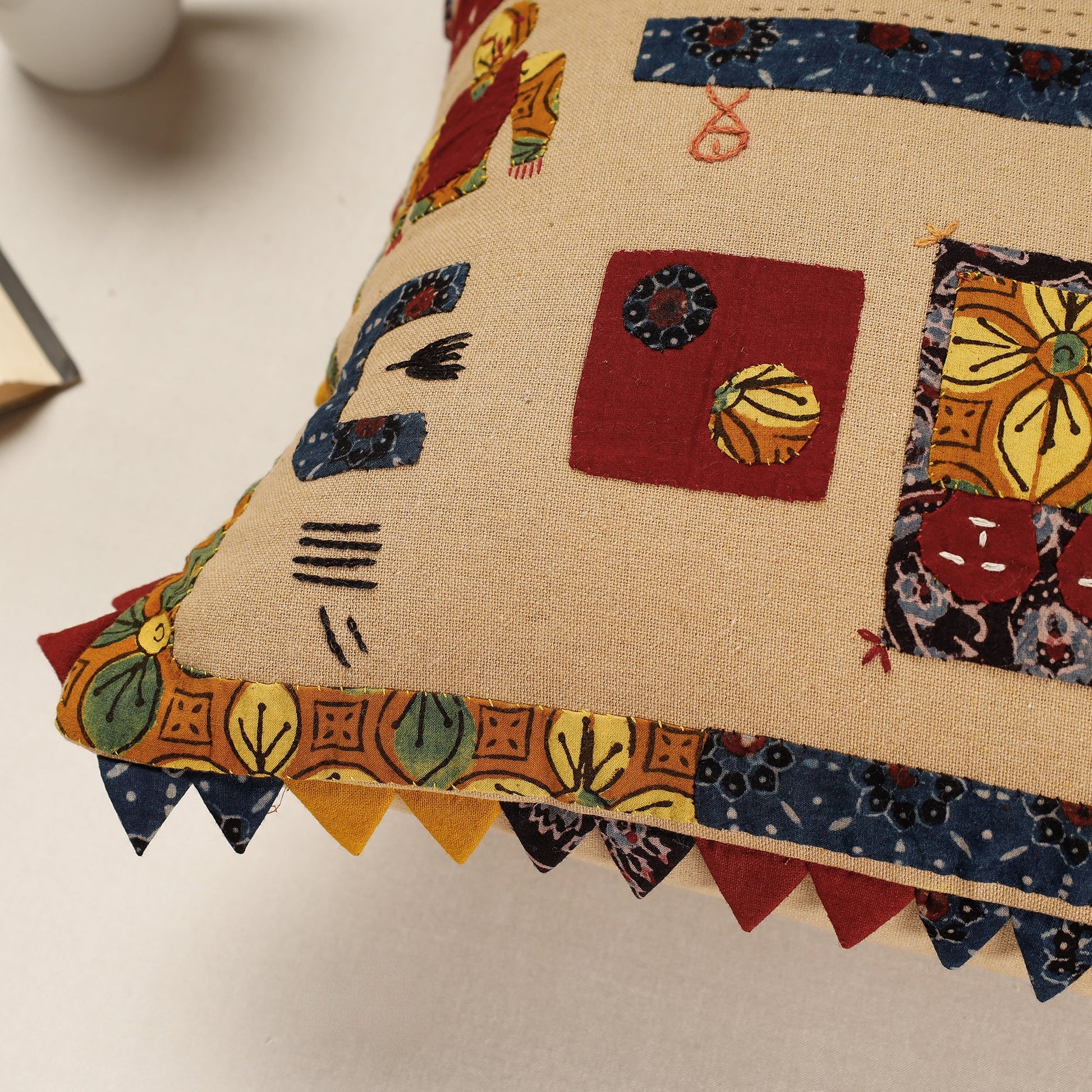 Beige - Kala Raksha Applique Cutwork Cotton Cushion Cover (16 x 16 in)