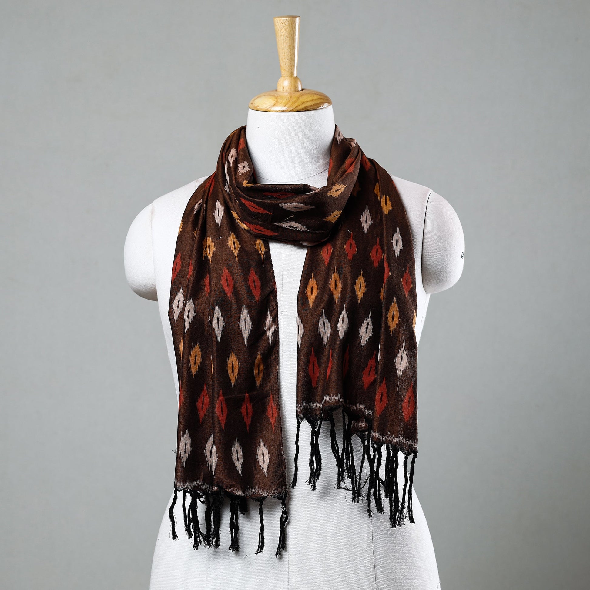Brown - Handloom Mercerized Cotton Pochampally Ikat Stole