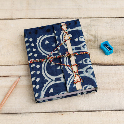 Blue - Bagru Fabric Cover Handmade Paper Notebook with Thread Lock