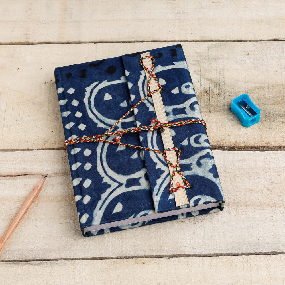 Blue - Bagru Fabric Cover Handmade Paper Notebook with Thread Lock
