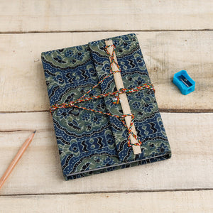 Blue - Ajrakh Fabric Cover Handmade Paper Notebook with Thread Lock
