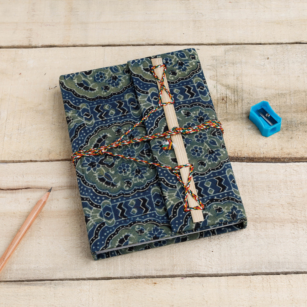 Blue - Ajrakh Fabric Cover Handmade Paper Notebook with Thread Lock