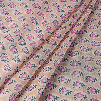Beige - Pink Florets Sanganeri Block Printed Handloom Chanderi Silk Fabric