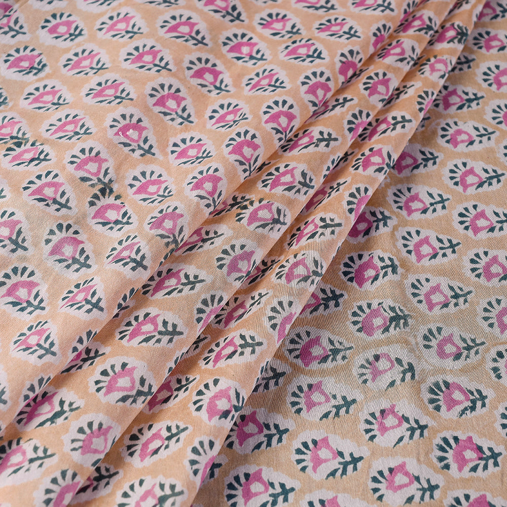 Beige - Pink Florets Sanganeri Block Printed Handloom Chanderi Silk Fabric