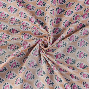 Beige - Pink Florets Sanganeri Block Printed Handloom Chanderi Silk Fabric