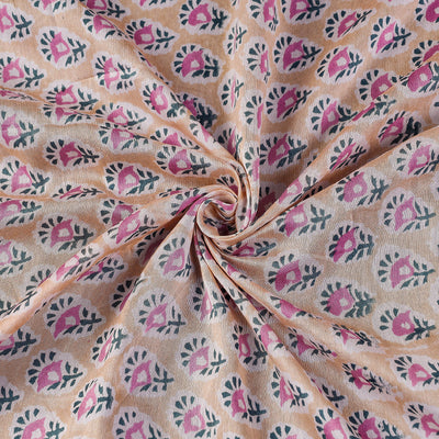 Beige - Pink Florets Sanganeri Block Printed Handloom Chanderi Silk Fabric