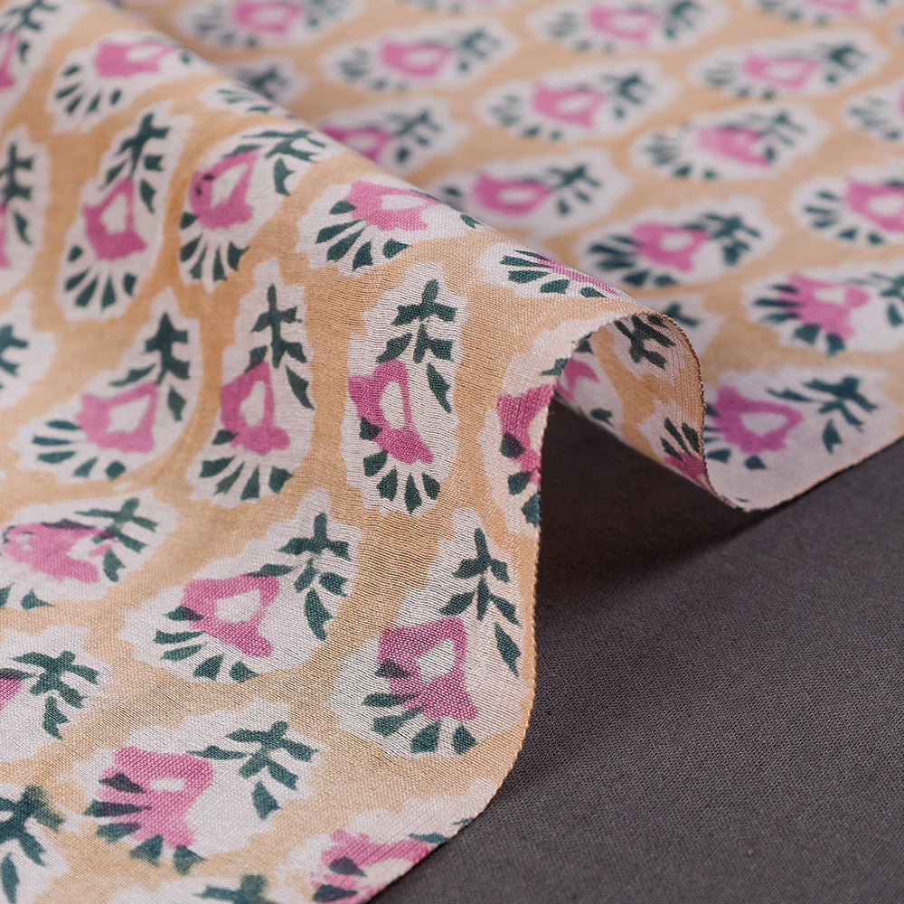 Beige - Pink Florets Sanganeri Block Printed Handloom Chanderi Silk Fabric